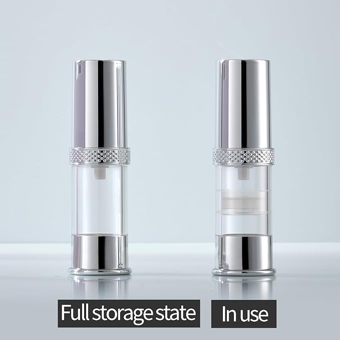 silvery travel size bottle with bag set, airless real pump bottle, reusable vacuum bottle, lotion, hand sanitizer, essence, etc (12 packs) 5ml/10ml/20g ZKP-YS-5-10-15