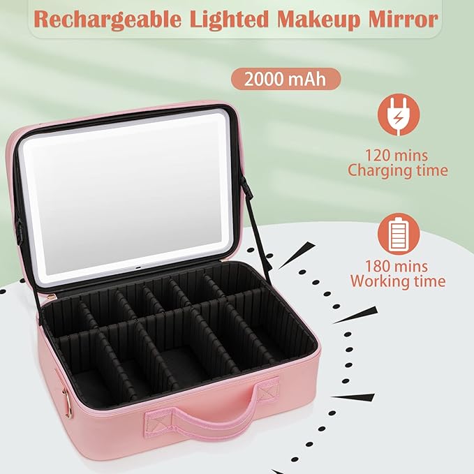 Plus Size Travel Makeup Bag with Large Lighted Mirror, Makeup Cosmetic Train Case with Detachable Mirror and Light Waterproof Artist Organizer with Adjustable Dividers Gift for Women (Pink)