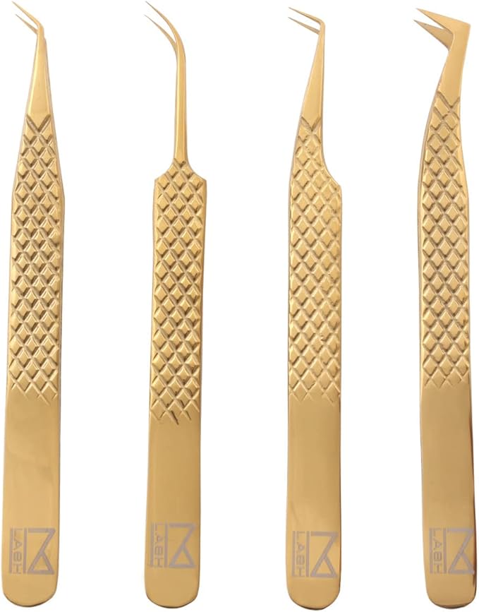 M LASH Tweezers for Eyelash Extensions (Set of 4) - Professional Lash Extension Tweezers - Fiber Tip, Japanese Steel, Diamond Grip Eyelash Extension Tweezer (Gold)