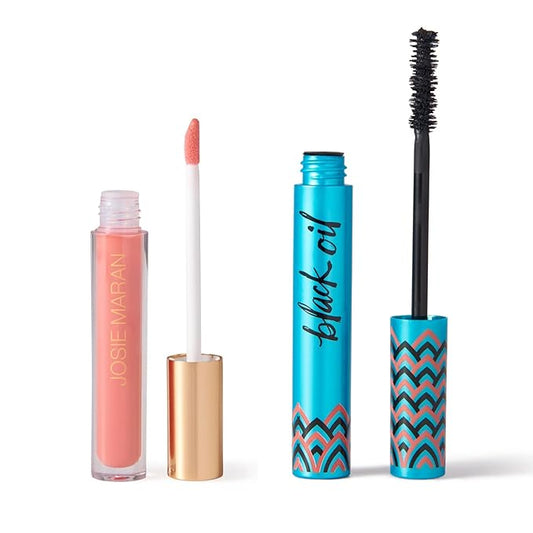Josie Maran Eye Love Lip Gloss & Mascara Makeup Kit - Plumping Lip Gloss Infused with Argan Oil, Hyaluronic Acid and Sheer, Radiant Color + Argan Black Oil Lengthening Mascara (2 Piece Set)