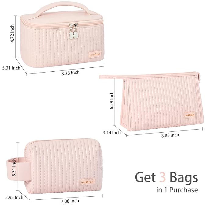 MIRASON Makeup Bag Set of 3 Cute Cosmetic Travel Toiletry Bag Organizer Pouch Set for Women PU Leather Waterproof Toiletry Bag 3 Piece Set, Light Pink