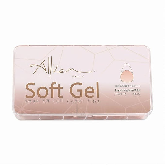 Allkem Soft Gel Nail Tips - Extra Short French Stiletto Nail Extensions Kit - 12 Sizes Short Full Cover Nails - Neutrals - Bold (360 Pieces)