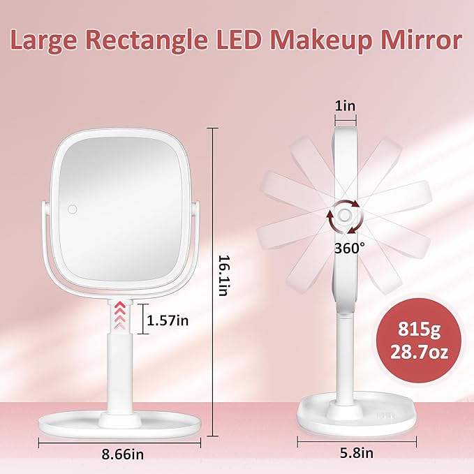 Lighted Makeup Mirror, Height Adjustable 1x/7x Magnifying Vanity Mirror, 2600mAh Rechargeable Makeup Mirror with Lights 3 Color, Double Sided 360° Rotation Desk Travel Mirror, Gifts for Women