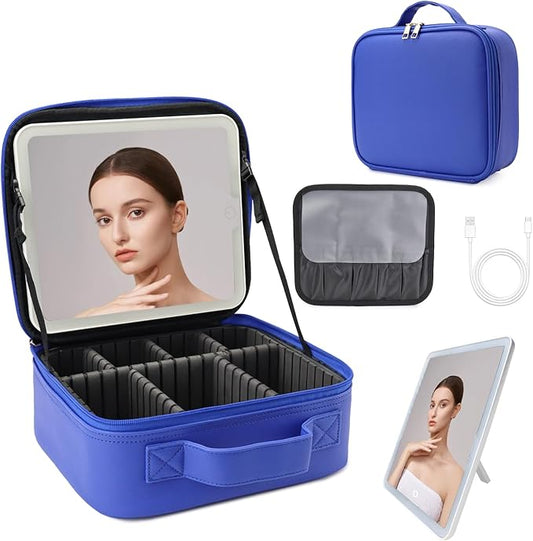 Travel Makeup Bag with LED Lighted Mirror,Cosmetics Organizer, Makeup Bag with 3 Color Lighted Setting, Portable Storage and Adjustable Dividers Travel Makeup Bag(dark blue)