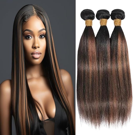 Light Brown Bundles P1B30 Straight Bundles Two Tone Black to Light Brown Bundles With Highlights Bundles Brazilian Human Hair Weave Soft and Silky for Women 24 26 28 Inch