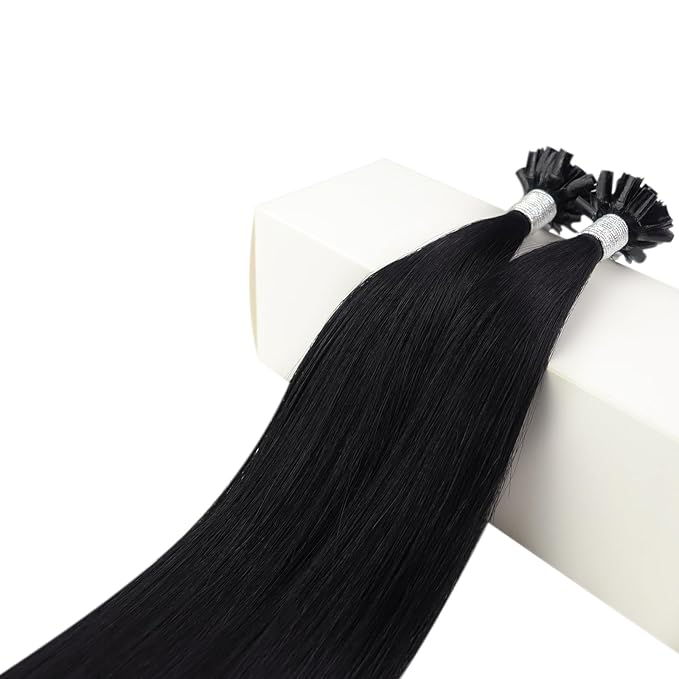 Fshine Nail Tip Hair Extensions Human Hair Jet Black 16 Inch Pre Bonded U Tip Remy Human Hair Extensions Color 1 Black Keratin Bond Real Hair Extensions Hot Fusion 50g/set 1g/s