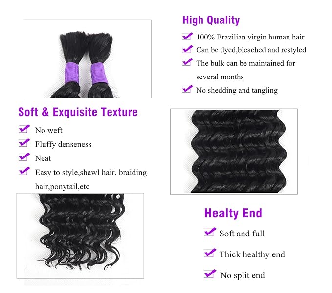 Human Braiding Hair Deep Wave Bulk Human Hair Boho Hair For Braiding No Weft 100g (1Pack-2Bundles) 100% Human Hair Deep Wave Braiding Hair For Bohe Braids (22inch, Natural Black)