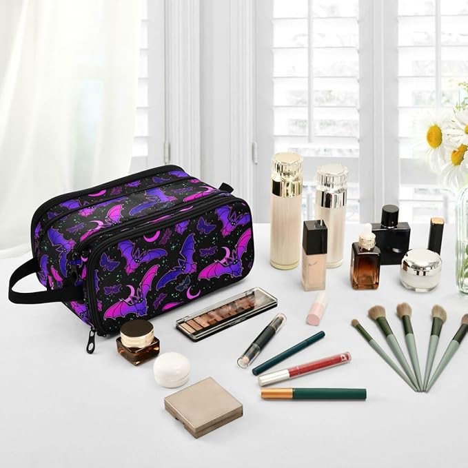MNSRUU Travel Makeup Bag, Purple Bat Gothic Makeup Bag Large Capacity Cosmetic Bag Organizer, Portable Toiletry Bag for Travel Size