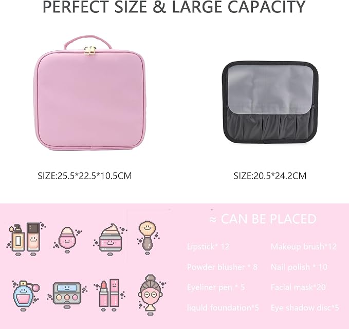 Travel Makeup Bag with LED Lighted Mirror,Cosmetics Organizer, Makeup Bag with 3 Color Lighted Setting, Portable Storage and Adjustable Dividers Travel Makeup Bag(Light Pink)