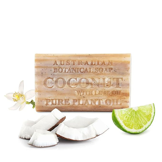 Australian Botanical Soap Coconut with Lime Oil 6.6 oz Triple Milled Luxury Soap Bar Enriched with Shea Butter, Coconut Shells, and Essential Oil, Pack of 1