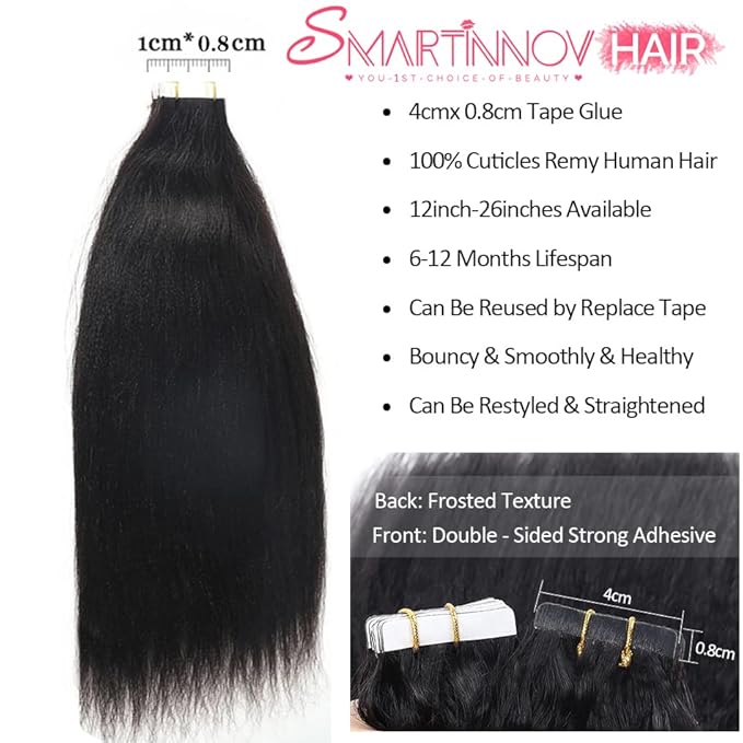 Yaki Tape in Hair Extensions Human Hair for Black Women Light Yaki Straight Seamless Tape in Extensions Real Human Hair 20PCS 50G/Set Skin Weft Invisible Pu Hair Extensions 24Inch Long for Short Hair