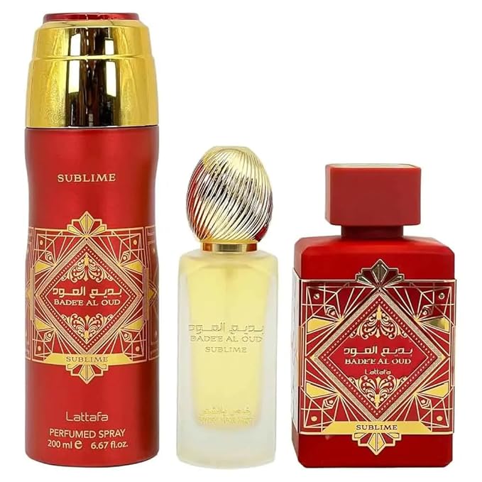 Lattafa Badee Al Oud Sublime for Unisex 3 Piece Set (3.4 Oz Eau de Parfum Spray + 1.7 Oz Hair Mist + 6.7 Oz Deodorant Spray)