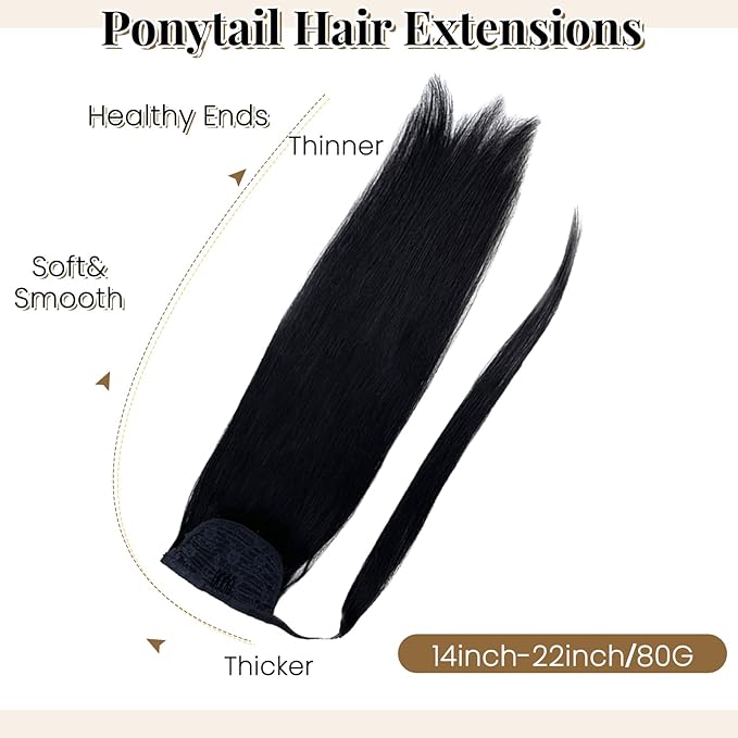 Ponytail Extension Human Hair Ponytail Pony Hair Pieces Clip in Wrap Around Pony Remy Hair Extensions for Women 20 Inch 80G #Natural Black