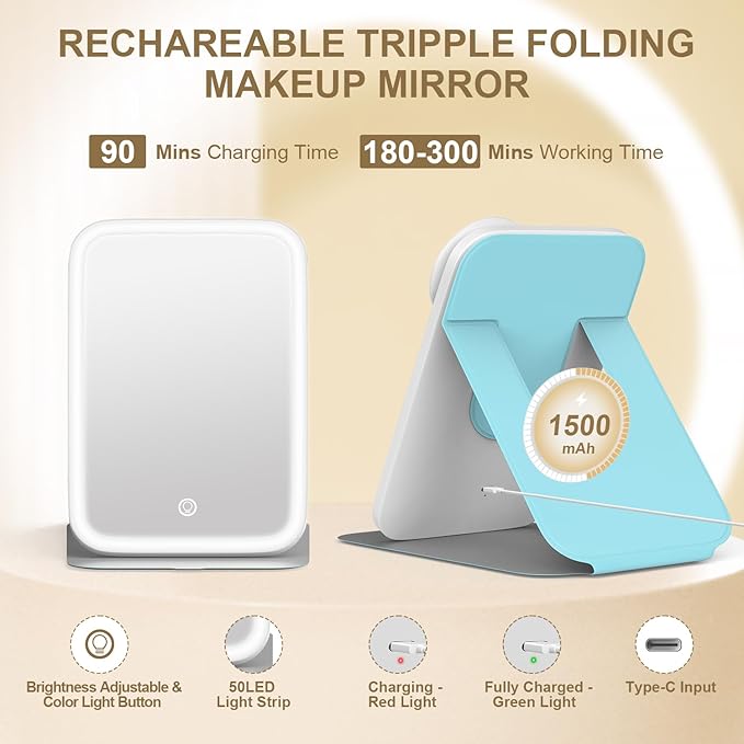 Mocado Travel Makeup Mirro with Lights, 360° Rotation Lighted Makeup Mirror, Portable Mirror with 10x Magnification, 60LEDs 3 Color Lightings, Dimmable Touch Screen, Tabletop Light up Mirror(Blue)