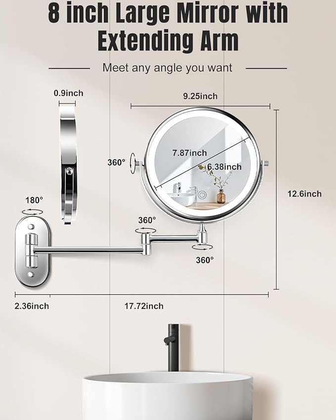 30X/1X Wall Mounted Lighted Makeup Mirror, 8'' Double Sided Rechargeable Magnifying Bathroom Mirror with Light, 3 Color Lights Touch Dimmable Extended Arm 360 Rotation Light up Mirrors