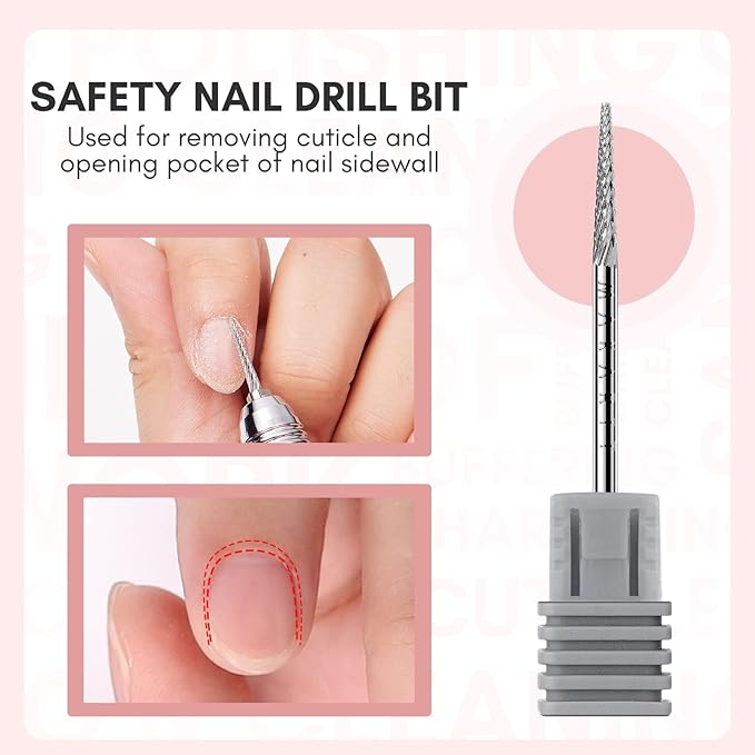 Makartt Cuticle Nail Drill Bit Safety Tungsten Carbide Cuticle Remover Drill Bit Bundle With Safety Cuticle Nail Drill Bit and Needle shape Fine-F Under Nail Cleaner Bit