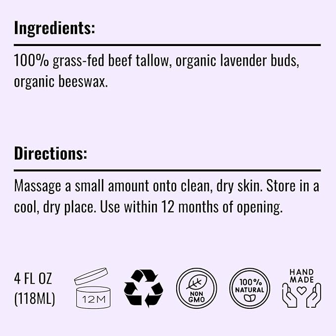 Pure Whipped Tallow Balm | Handmade in USA | 100% Organic Grass-Fed Beef Tallow for Skin | Beef Tallow Face Moisturizer Lotion for Dry Skin, Eczema, Baby, Lip Balm (4oz, Cozy Lavender)