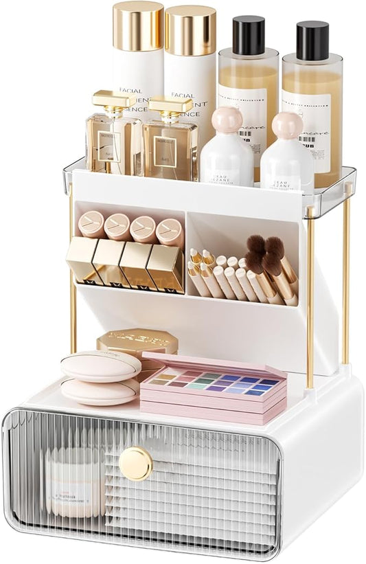 Makeup Organizer with Drawer, Bathroom Organizers and Storage，Makeup Brush Holder,Lipstick and Perfume Organizer,Cosmetic and Vanity Organizer,Desk Organizer (TRANSPARENT COLOR)