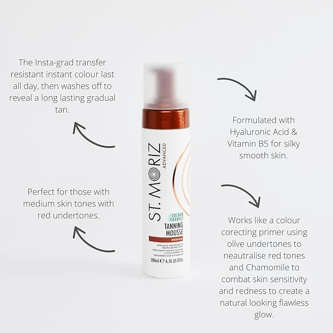 St Moriz Advanced Color Correcting Self Tanner Mousse in Medium - Instant Self Tanning Foam for Face & Body - Long Lasting & Streak Free (No Tanning Mitt) - (7.78 fl oz)