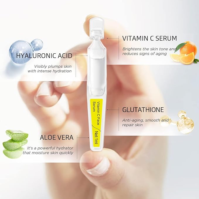 Brightening & Hydrating Face Serum with Vitamin C, Hyaluronic Acid, Glutathione, and Botanical Extracts,– Multi-Action Antioxidant, Barrier Repair & Anti-Aging Formula, 15 Pcs/Box Ampoules