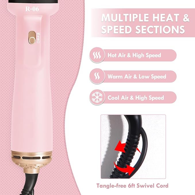 Hair Dryer Brush Blow Dryer Brush in One, 4 in 1 Hair Dryer and Styler Volumizer with Oval Barrel, Professional Salon Hot Air Brush for All Hair Types, Bright Pink