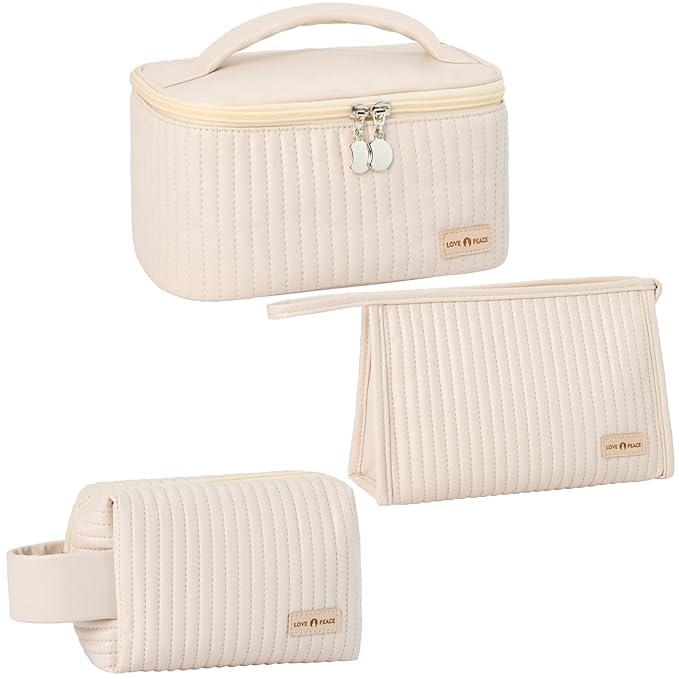 MIRASON Makeup Bag Set of 3 Cute Cosmetic Travel Toiletry Bag Organizer Pouch Set for Women PU Leather Waterproof Toiletry Bag 3 Piece Set, Beige