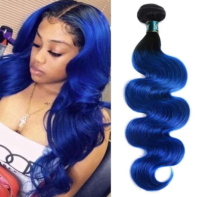 SEXAYHAIR Bule Bundles 16Inch Brazilian 100% Human Hair 1b/Blue 1 Bundle Body Wave, 2 Tone Blue Ombre Virgin Hair 1Bundles Human Hair for Women(16inch blue)