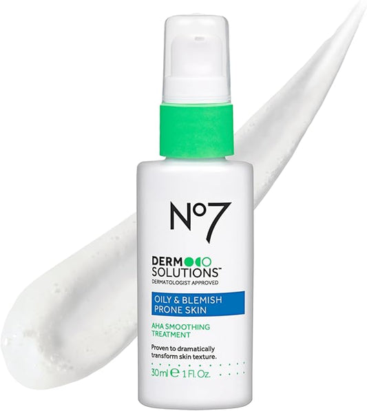 No7 Derm Solutions AHA Exfoliant & Face Toner with Lactic & Glycolic Acid - AHA Smoothing Treatment - Controls Oil and Minimizes Pores - for Oily & Blemish-Prone Skin (1 Fl Oz)