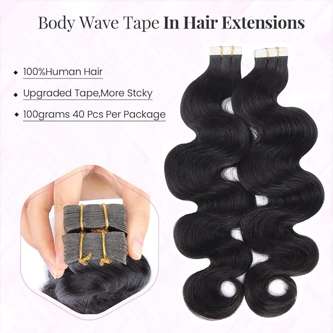 26 Inch Body Wave Tape In Hair Extensions Human Hair for Women Curly Wavy Tape On Extensions Double Side Remy Hairs Skin Weft Invisible Tapes 40pcs 100 Gram Virgin Human Hairs