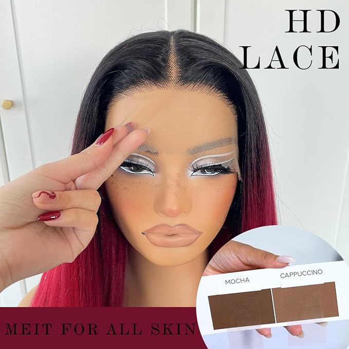 1b/99j Burgundy Ombre Lace Front Wig Pre-plucked Red Glueless Synthetic HD Cosplay Wig Wear And Go Long Straight Lace Front Wigs for Black White Women