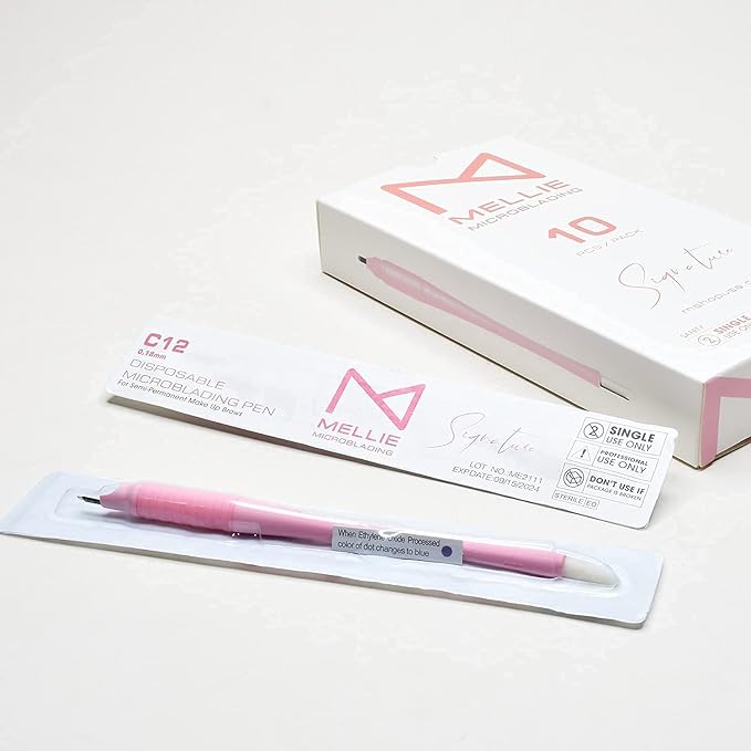 M PACK OF 10 Mellie's Signature Microblading Disposable Pen - Sterilized Blade - Comfortable Rubber Grip With Pigment Sponge (C12 .18mm, Pink)