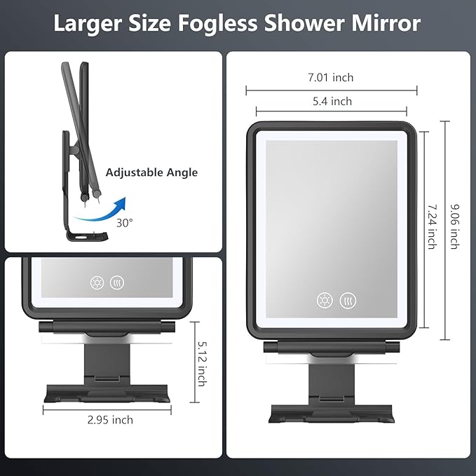 Heated Shower Mirror Fogless for Shaving, 3 Colors Stepless Dimmable Lights Fogless Mirror for Shower, Rechargeable Anti Fog Shaving Mirror for Shower with Razor Holder for Men, Light Memory Function