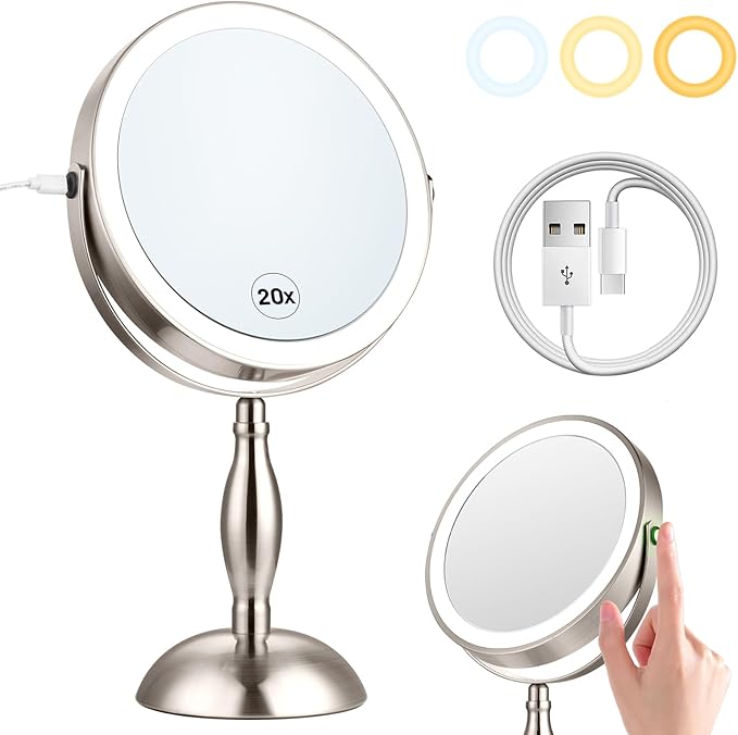 20x Magnifying Mirror with Light, Lighted Makeup Mirror with 3 Color Dimmable Adjustable Mirror, Side Charging Port & SideTouch Sensor, 360° Rotation Double Sided Standing Desk Mirror-Brushed Nickel