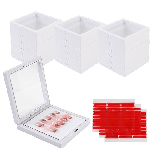 30 Pcs Press on Nail Boxes Packaging with 90 Pcs Adhesive Double Sided Tape with 30 Pcs Display Card for Nail Display White
