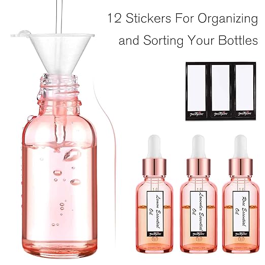 PrettyCare Glass Dropper bottle 2 oz (12 Pack Rose Eye Dropper Bottle 60 ml with Measured Pipettes, Golden Caps, Labels, Funnel) for Essential Oils, Beard Oil, Body Oil