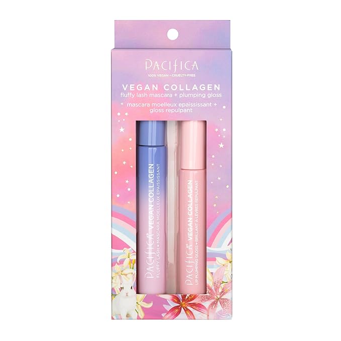 Pacifica Beauty Vegan Collagen Lash & Lip Kit - Fluffy Lash Mascara & Lip Gloss, Black, Long Lasting Volumizing, Set of 2