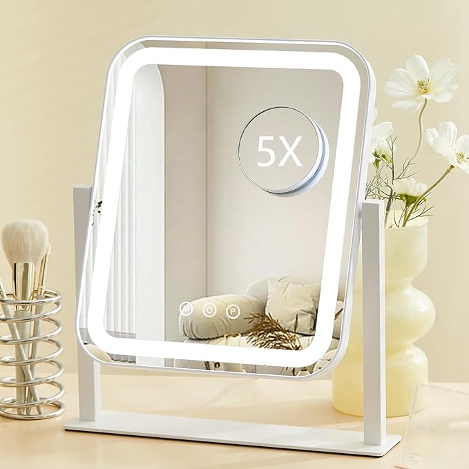 HIEEY Vanity Mirror with Lights, Makeup Mirror with Lights, Three Color Lighting Modes, and 5X Magnification Mirror, Smart Touch Control, 360°Rotation (14.1" x 13.5" White,Gift Box)