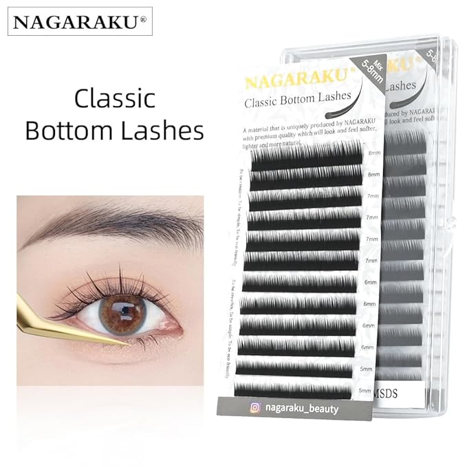 NAGARAKU Bottom Eyelash Extensions Individual Lashes Classic Single Matte Black Soft Natural Faux Mink False Lashes 12 rows (0.10mm J curl 5-8mm Mix Tray)