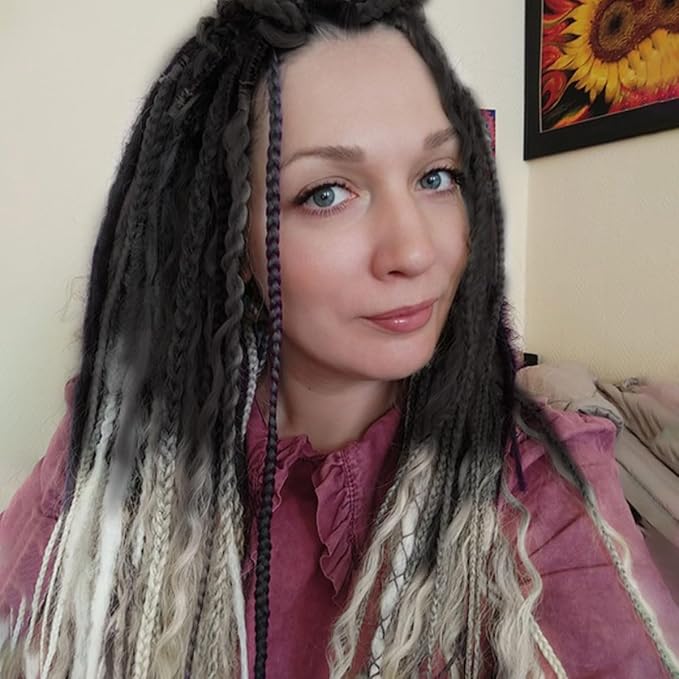 24 In 30 Strands Curly Dreadlock Extensions, Gray to White Synthetic Single Ended Dreads Extensions, 100% Handmade Dreads Hippie Style Dreadlocks for Woman