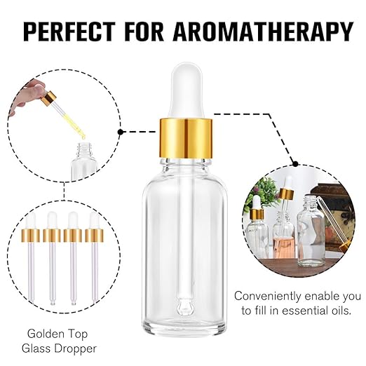 PrettyCare Eye Dropper Bottle 2 oz (63 Pack Clear Glass Bottles 60ml with Golden Caps, 2 Extra Eye Droppers, 120 Labels, 10 Funnel & Measured Pipettes) Empty Tincture Bottles for Essential Oils