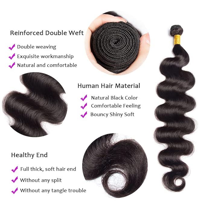 Color 1B Human Hair Body Wave Bundles Natural Color Bundles Body Wave Brazilian Human Hair Weave Extensions Wet and Wavy Soft Silky for Black Women 8 10 12 Inch