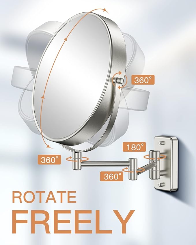 Benbilry 9" Large Size Wall Mounted Makeup Vanity Mirror, 1X/10X Magnifying Double Sided Shaving Mirror for Bathroom, 360° Swivel Extendable Arm Nickel Finish