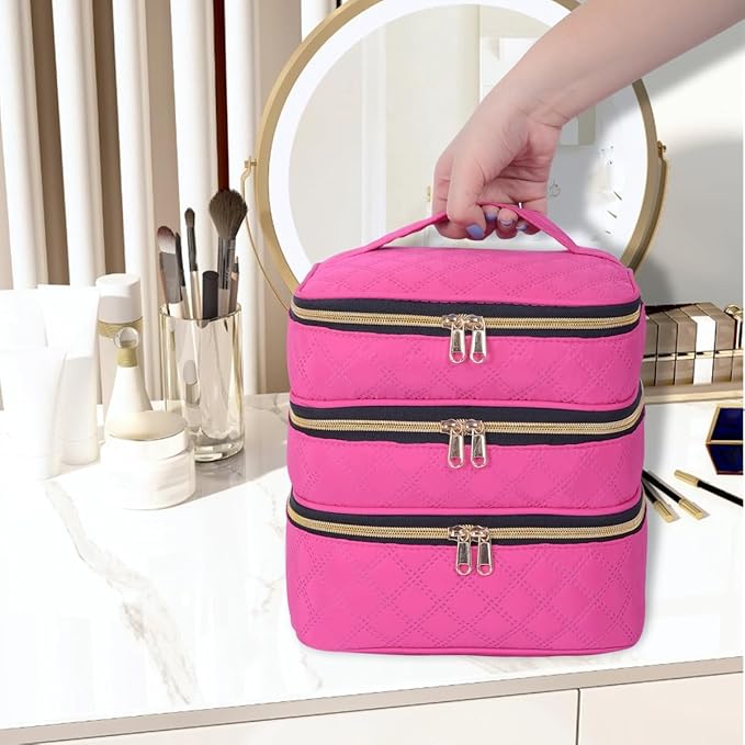 Three Layer Travel Makeup Bag Large Cosmetic Storage Organizer with Handle and Removable Divider (Wine)