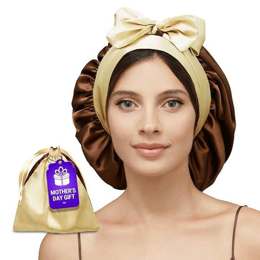 100% Mulberry Silk Bonnet for Sleeping Women with Curly Hair – Alternative to Double Layer Satin Bonnet with Tie Band Premium Silk Hair Wrap for Sleep with Wonder Loop Chocolate
