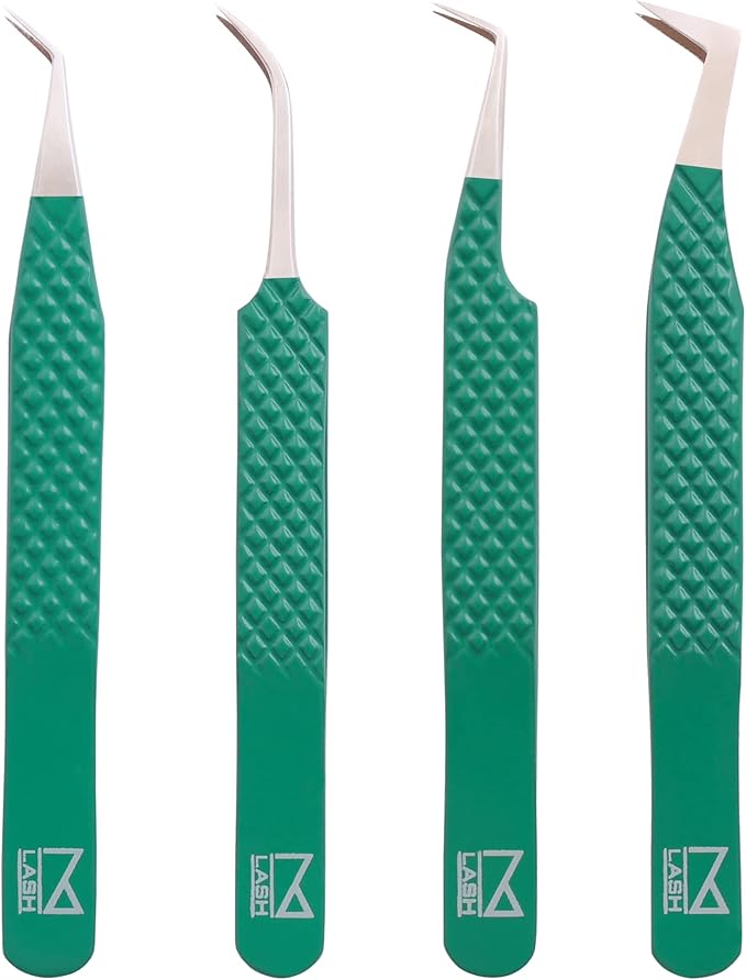M LASH Tweezers for Eyelash Extensions (Set of 4) - Professional Lash Extension Tweezers - Fiber Tip, Japanese Steel, Diamond Grip Eyelash Extension Tweezer (Verdigris)