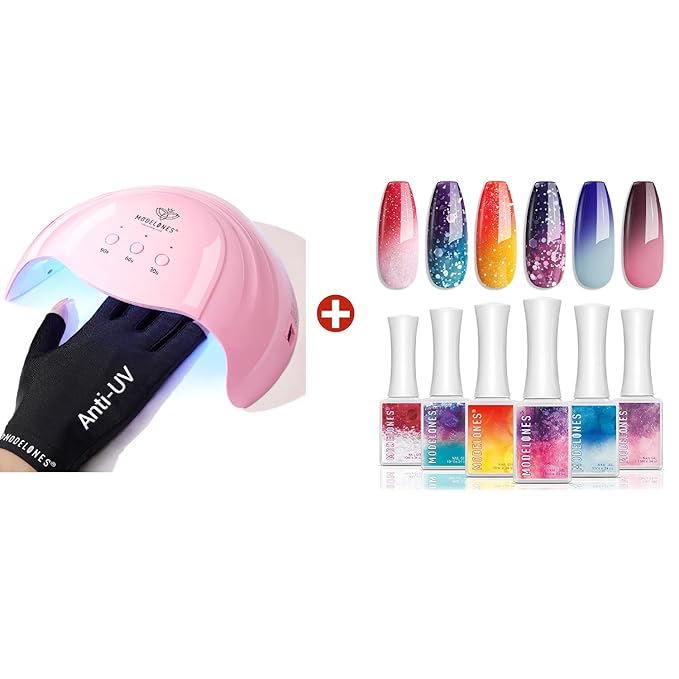 modelones Gel UV LED Nail Lamp with UV Gloves and Color Changing Gel Nail Polish - 6 Colors 10ml Pink Glitter Blue Purple Orange Mood Temperature Change Gel Polish Set Summer Soak Off Nail Polish DIY