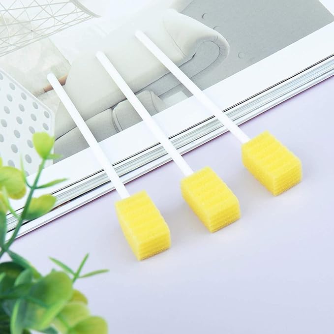 100 Pack Disposable Oral Swabs, Sterile Dental Sponge Swabsticks Unflavored for Mouth & Gum Cleaning - Yellow