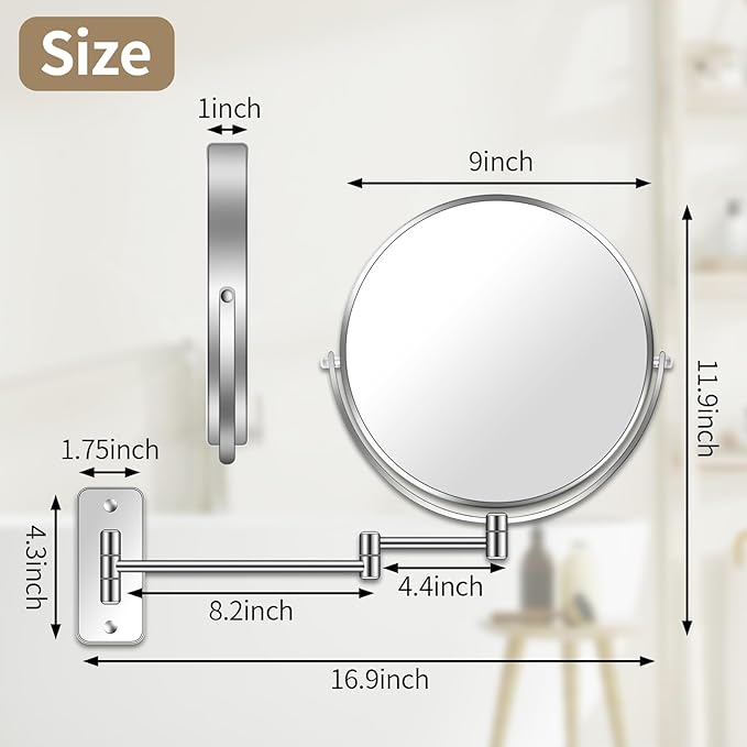 9” Large Wall Mounted Makeup Mirror 1X/7X Double-Side Bathroom Magnifying Mirror 360 Swivel Vanity Mirror Extendable Shaving Wall Mount Cosmetic Mirror for Men and Women, Chrome