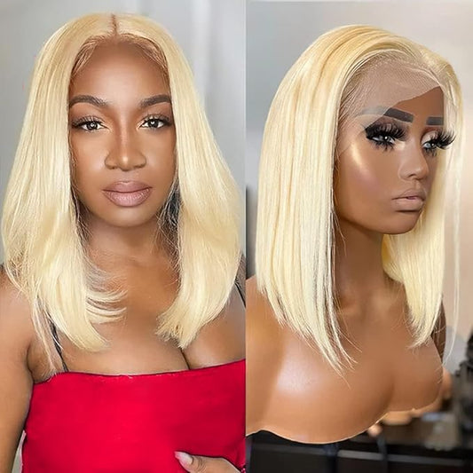 Blonde Bob Human Hair 613 Lace Front Wig Human Hair 13x4 HD Blonde Lace Front Wigs Human Hair Straight Short Frontal Bob Wigs Pre Plucked 180 Density (14 Inch)