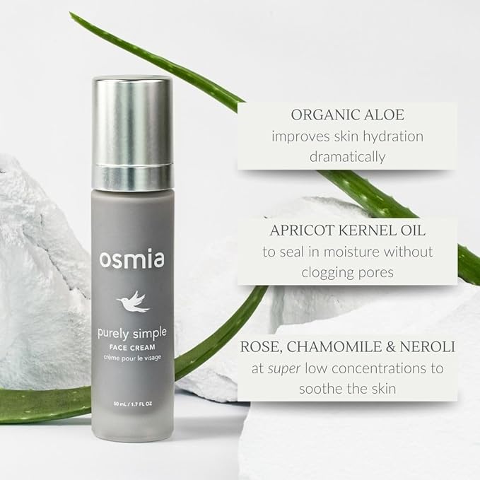 Osmia Skincare - Natural Purely Simple Face Cream For Sensitive + Reactive Skin | Apricot Kernel, Kukui, Rose, Chamomile Oils + Aloe | Clean Beauty For Healthy Skin (1.7 oz | 50 ml) NEW PACKAGING